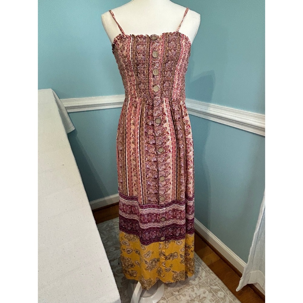 Boho Maxi Sundress with Button Front - Pink and Yellow